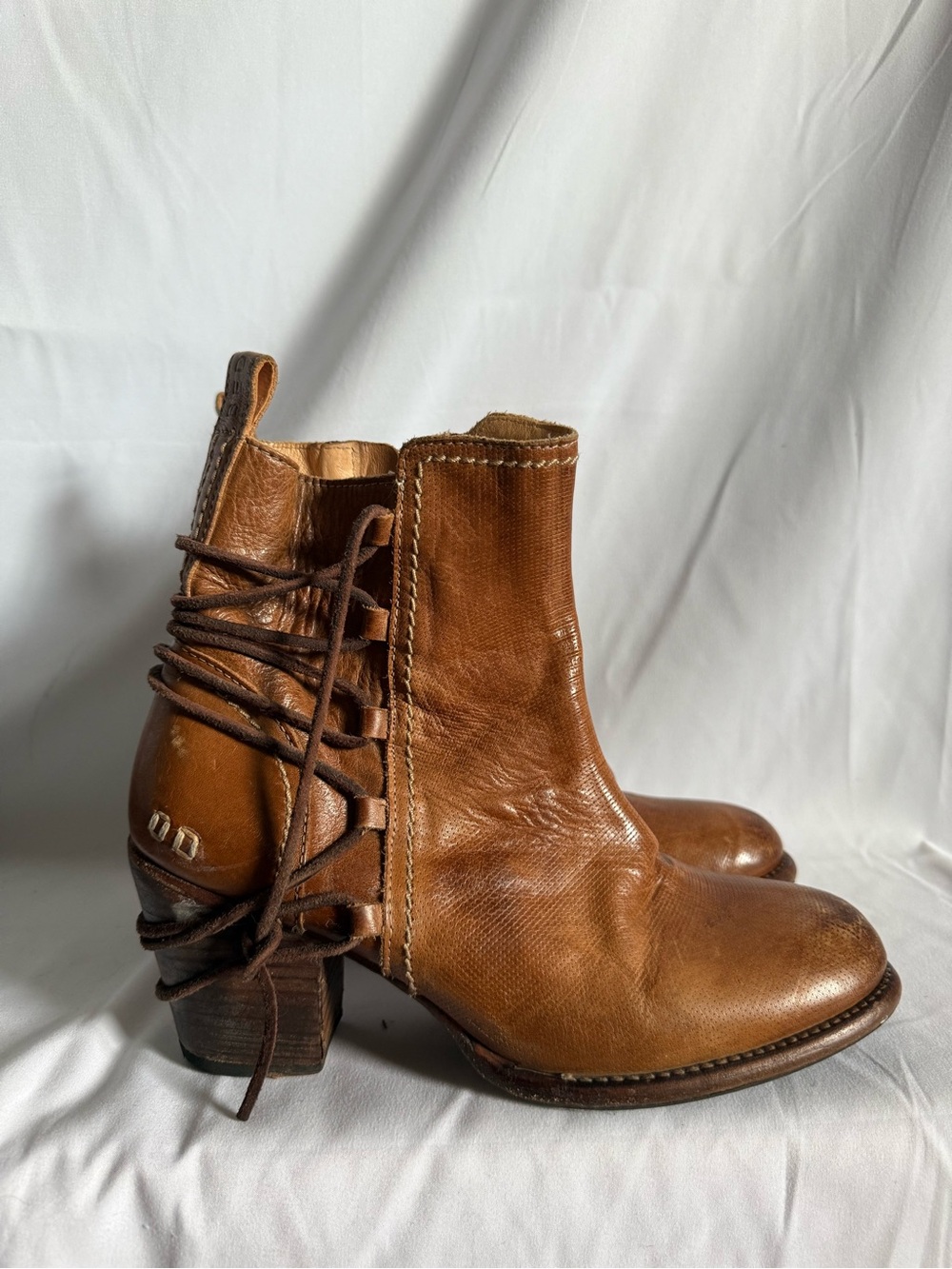 BED|STU Cognac Leather Lace-Back Ankle Boots
